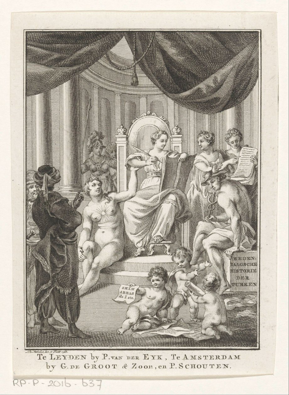 Representação alegórica com História, Verdade, Conhecimento Antigo e Prudência
História contemporânea dos turcos (título sobre o objecto)
Página de título para: S.n., Contemporary History ou The Sequel to the General History, 1767 de Reinier Vinkeles (I)