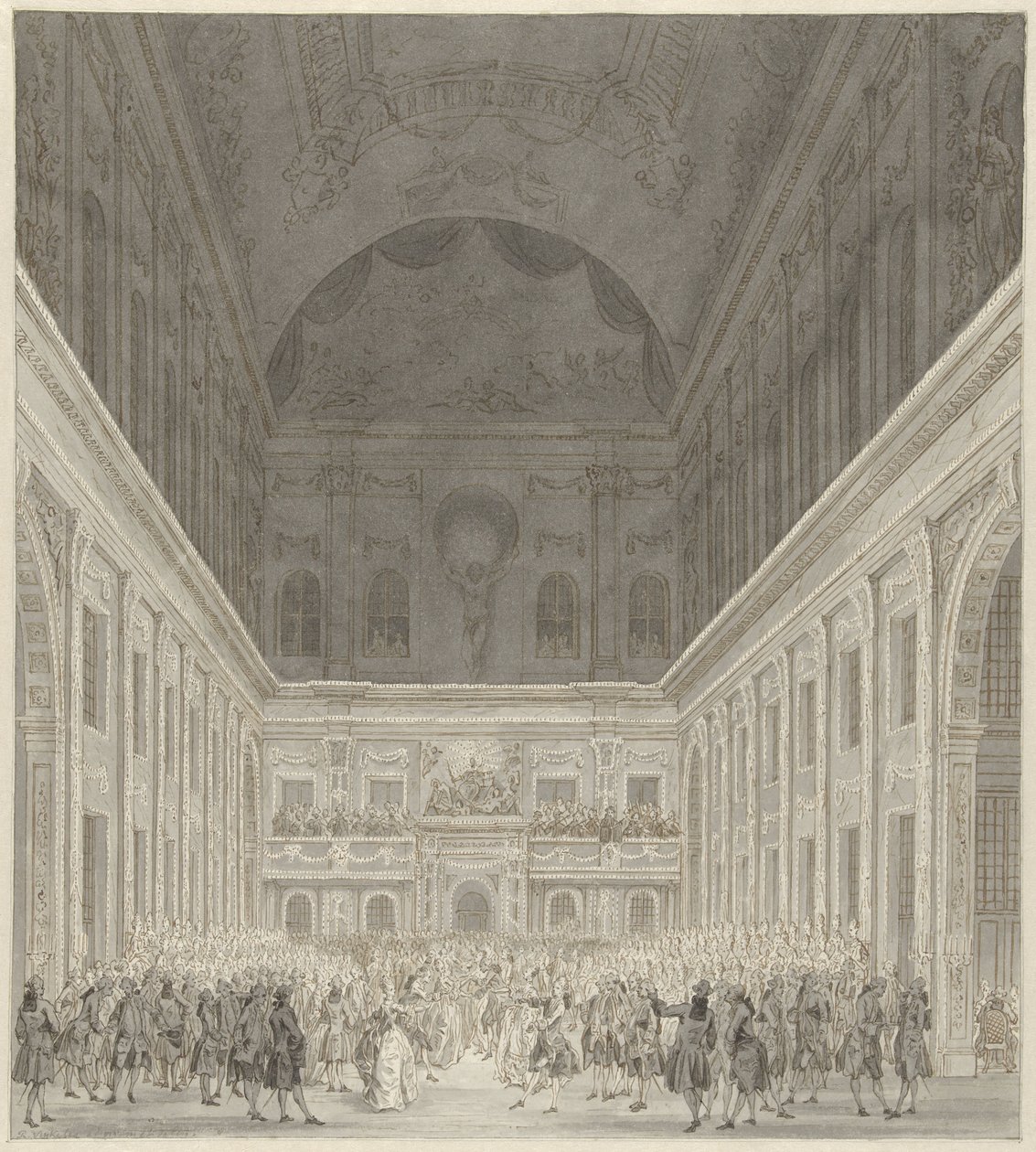 Baile no Salão Cívico da Câmara Municipal de Amesterdão em honra da visita do Príncipe Guilherme V e Wilhelmina da Prússia, Junho de 1768 de Reinier Vinkeles (I)