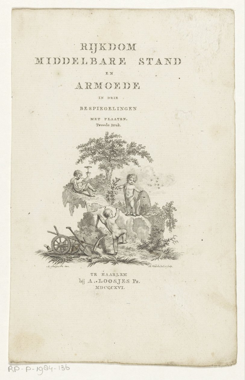 Três putti com atributos numa paisagem de montanha
Página de título para: Adriaan Pietersz. Loosjes, Wealth classe média e pobreza em três reflexões, 1816 de Reinier Vinkeles (I)