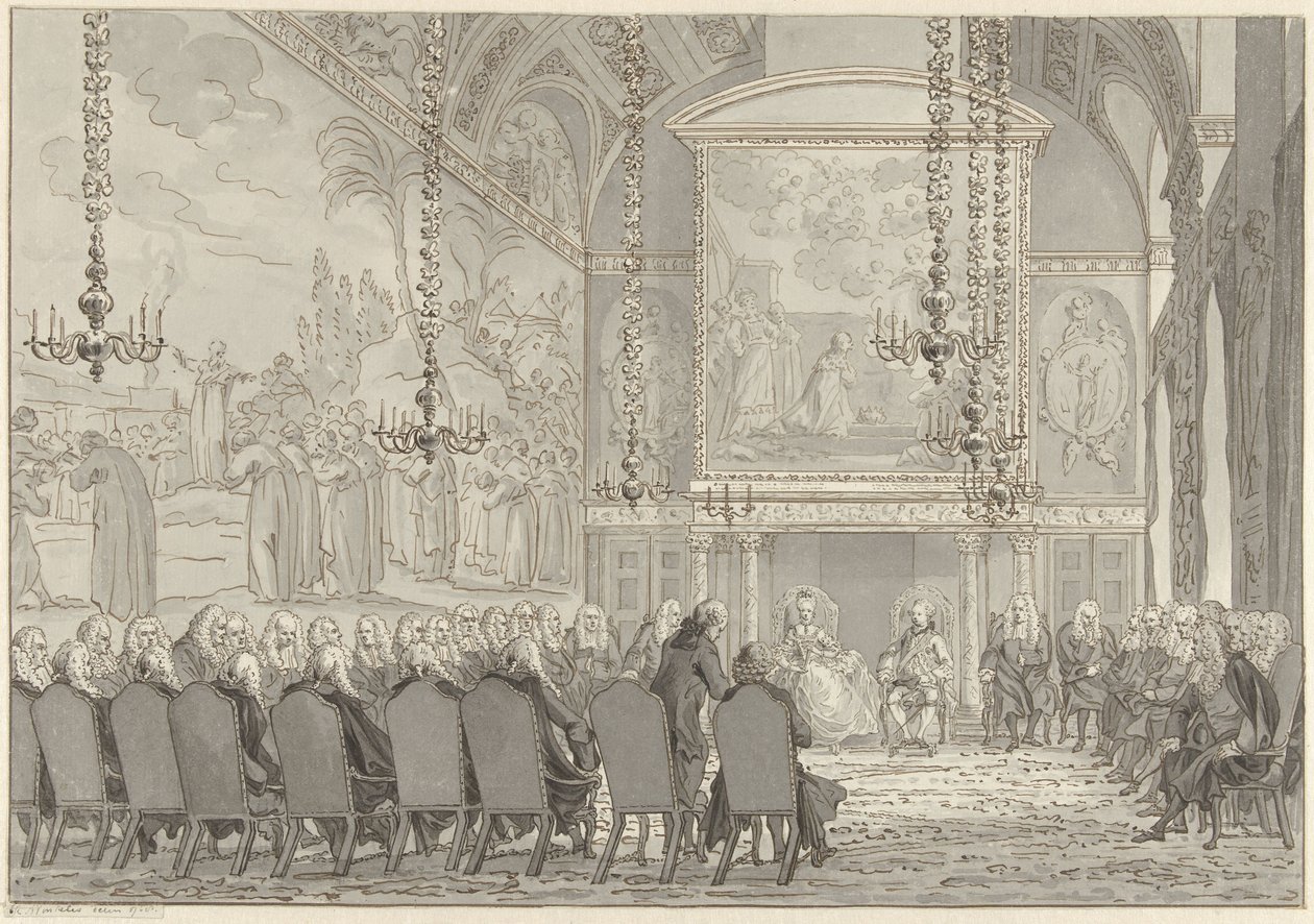 Recepção do Príncipe William V e Guilhermina da Prússia na Câmara do Conselho da Câmara Municipal de Amesterdão de Reinier Vinkeles (I)