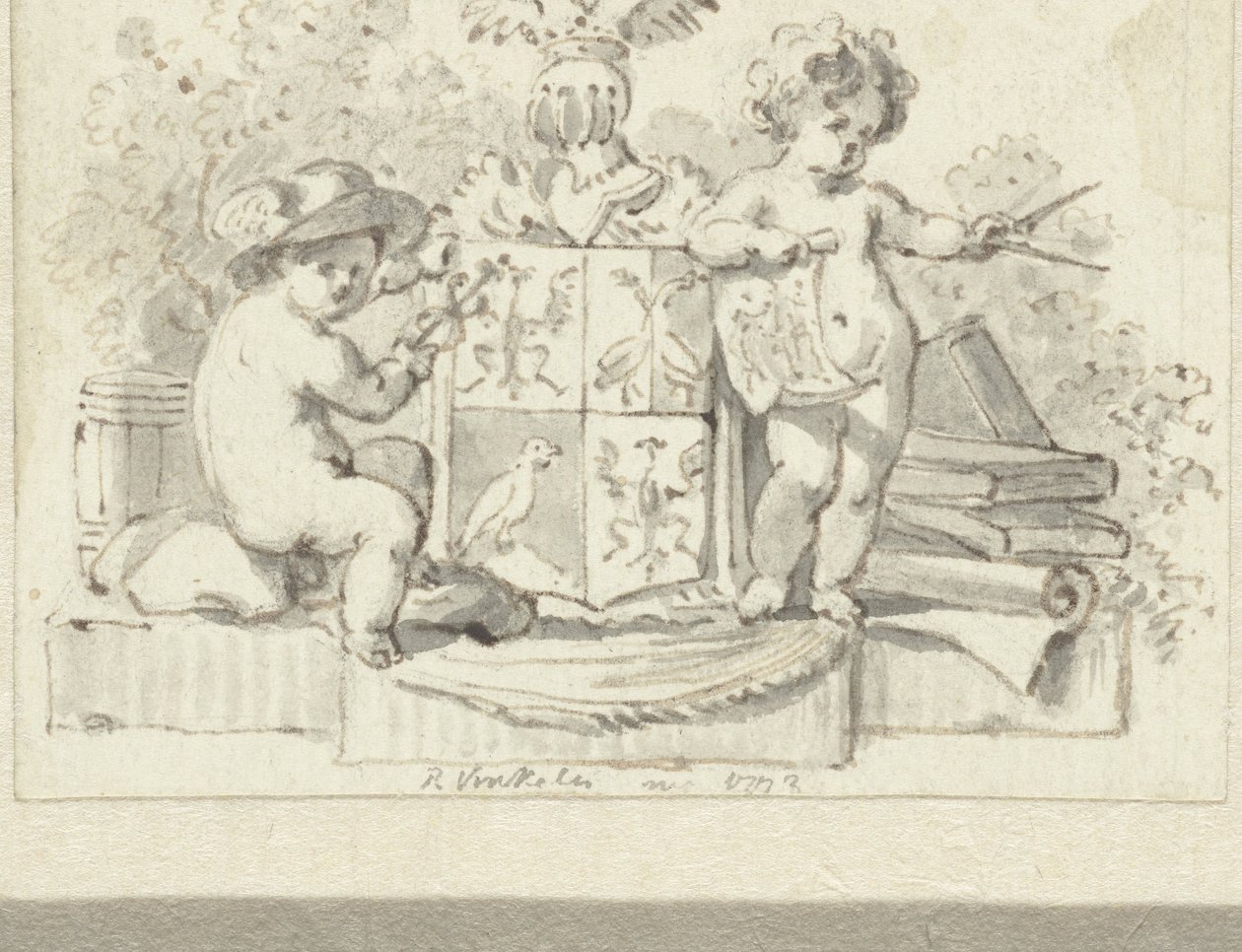 Dois putti, com bússola e escudo, no brasão da família Schoemaker de Reinier Vinkeles (I)