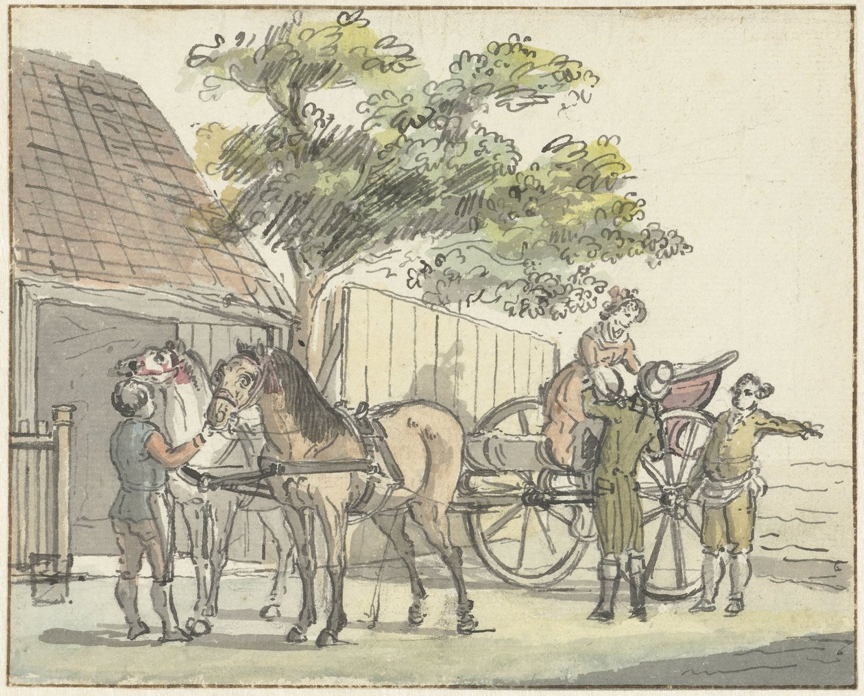 Carroça com dois cavalos na taberna De Donkere Kuil, perto de Haarlem de Reinier Vinkeles (I)