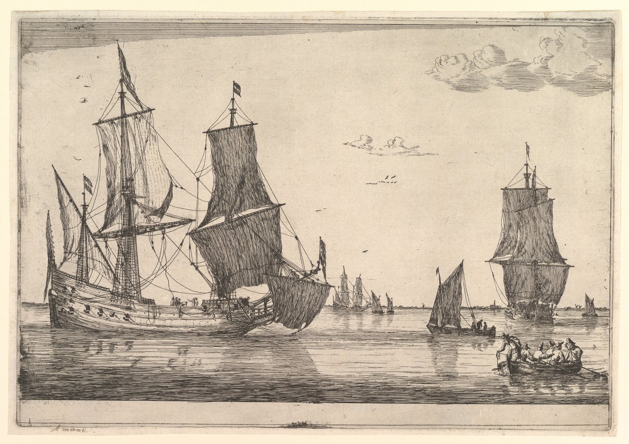 Grande veleiro e barco a remos, século XVII. de Reinier Zeeman