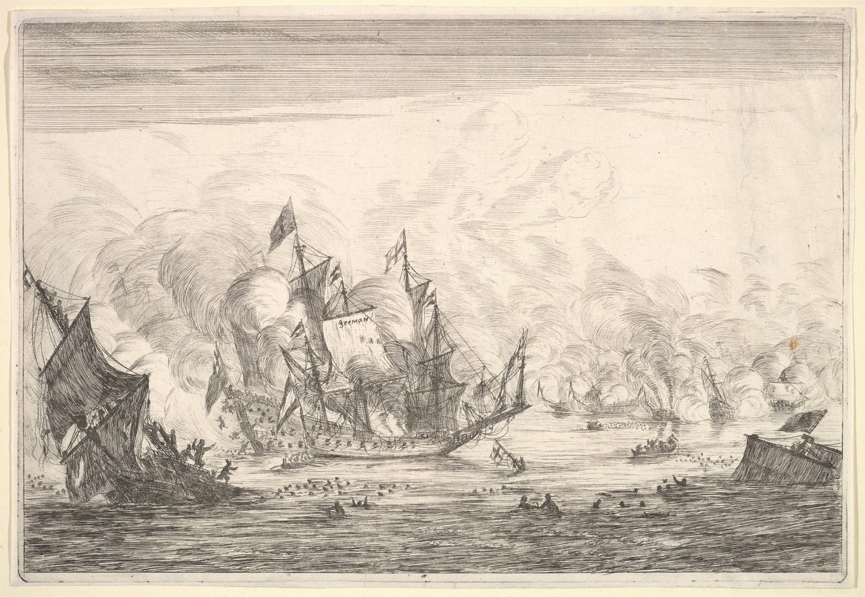 Batalha Naval com um Navio Inglês Fundador à Esquerda, de Batalhas Naval Nieuwe Sc ..., 1652-54. de Reinier Zeeman
