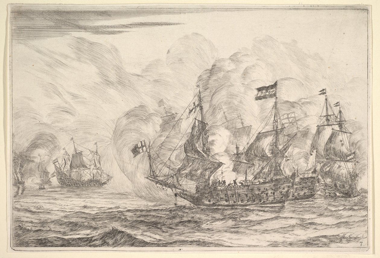 Encontro naval com três navios à direita, das batalhas navais Nieuwe Scheeps Bat ..., 1652-54. de Reinier Zeeman
