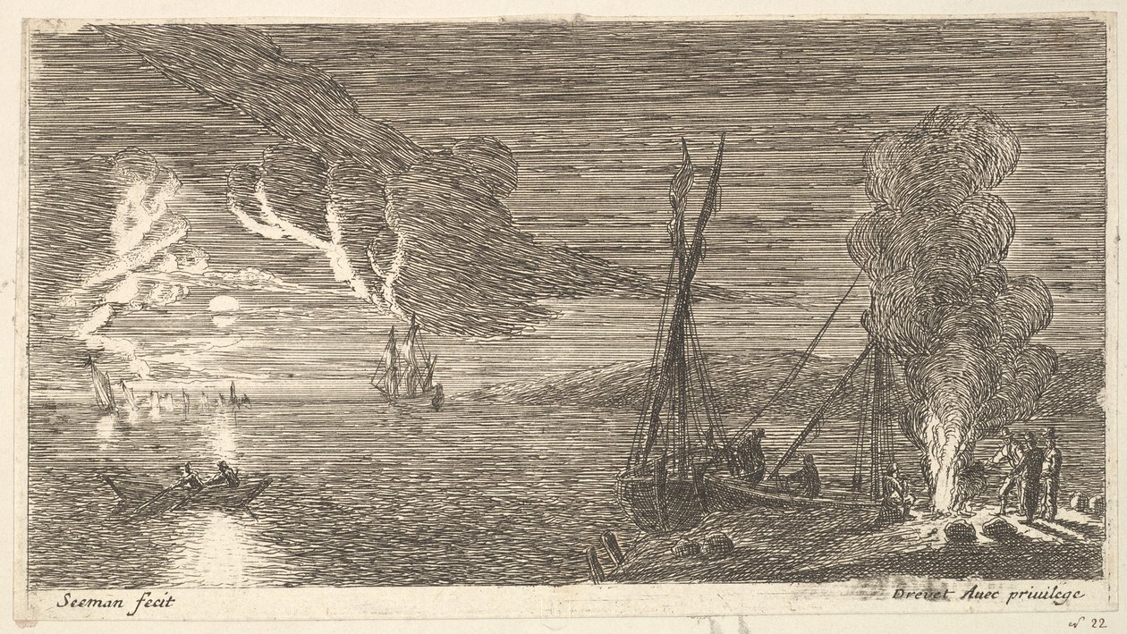 Cena noturna com pescador em pé por um incêndio, século XVII. de Reinier Zeeman