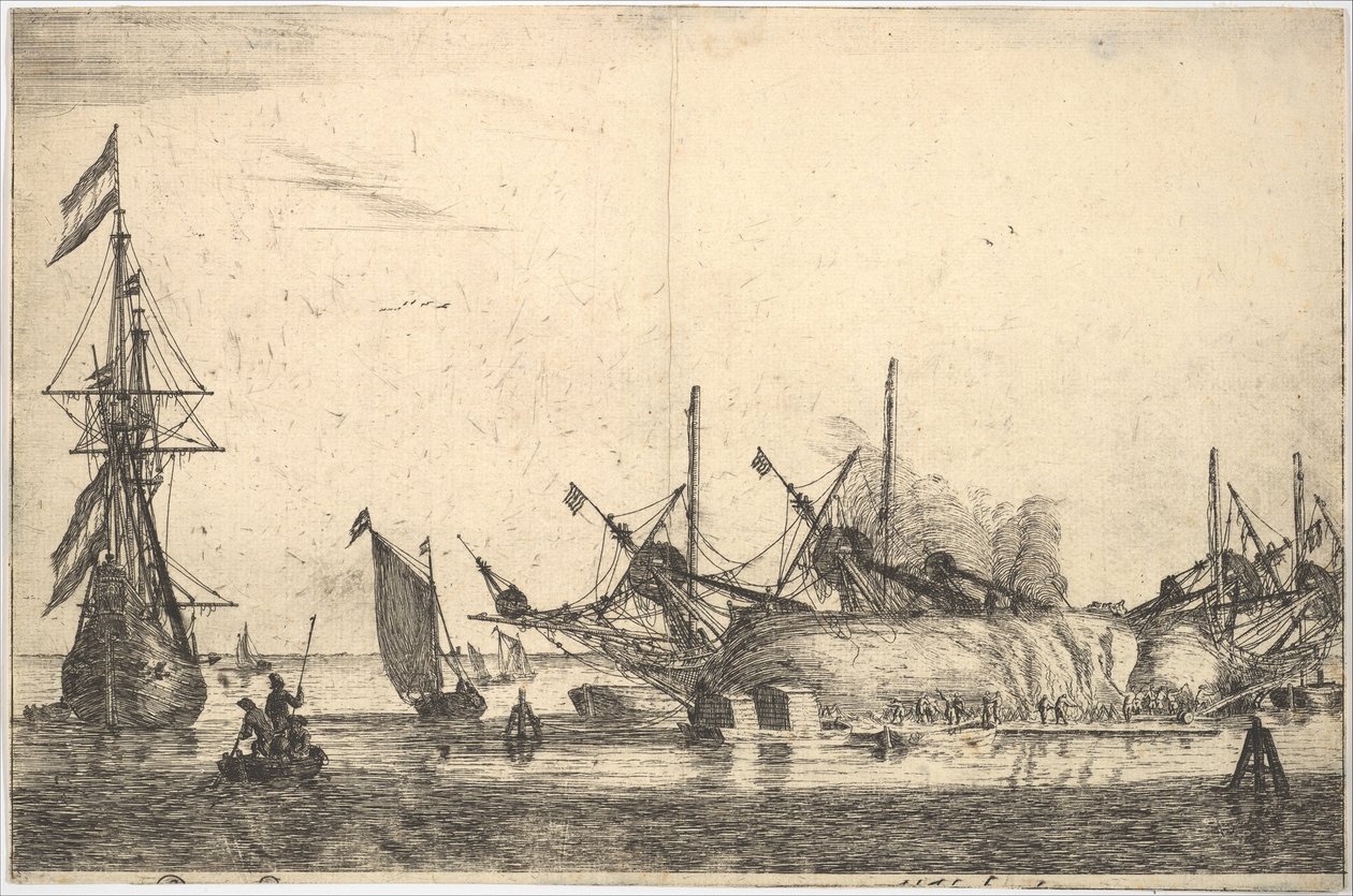 Navios cuidados com calafetagem do casco, século XVII. de Reinier Zeeman