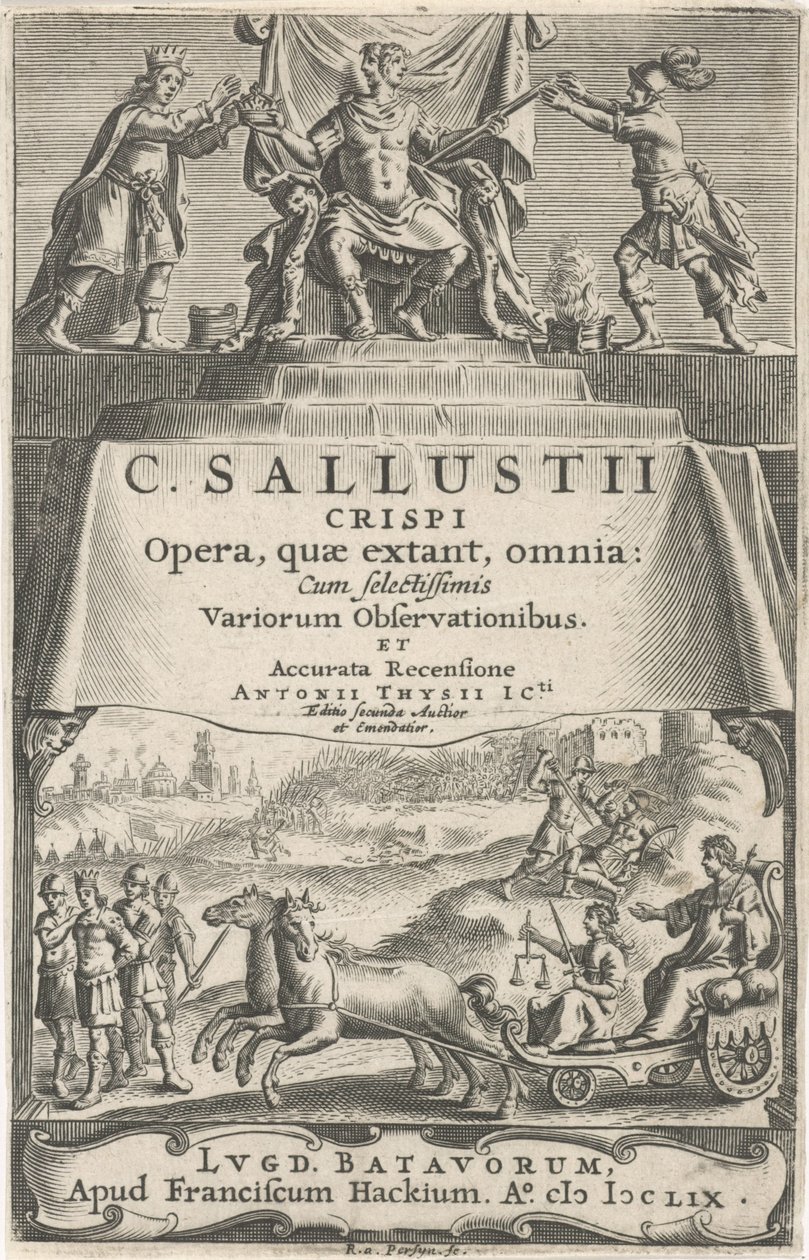 Um imperador e Justiça em carruagem triunfante
Página de título para: A. Thysius jr., Ópera, quæ extant, omnia, 1659 de Reinier van Persijn