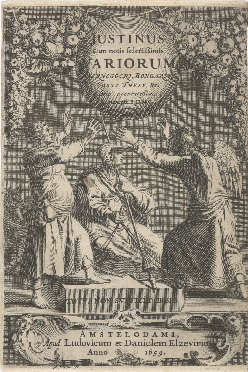 Minerva e duas figuras encadeadas
Página de título para: A. Thysius, Justinus cum notis selectissimis variorum Berneggerj, Bongarsy, Vossy, Thysy, &c, 1659 de Reinier van Persijn