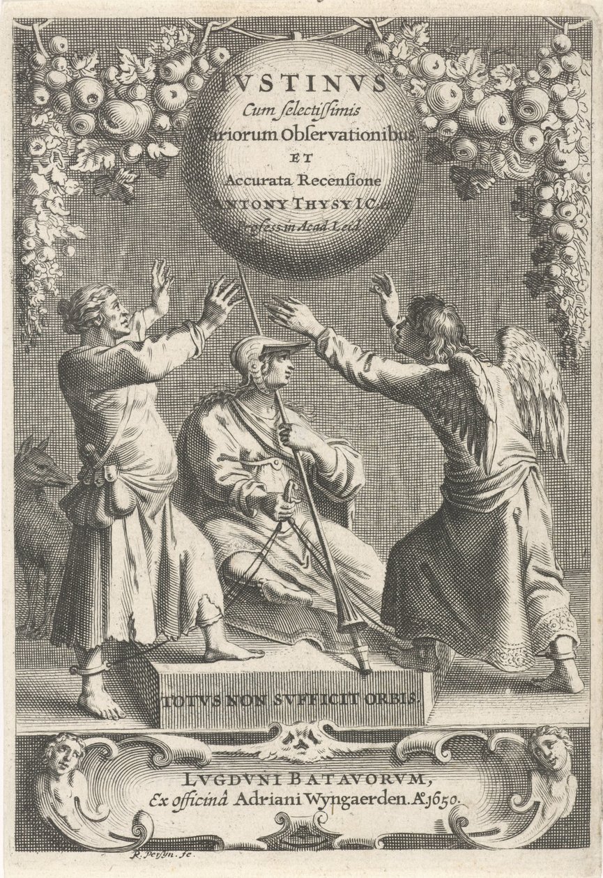 Minerva en twee geketende figuren Titelpagina voor: A. Thysius, Justinus com as várias observações mais selecionadas e uma revisão detalhada, 1650 de Reinier van Persijn