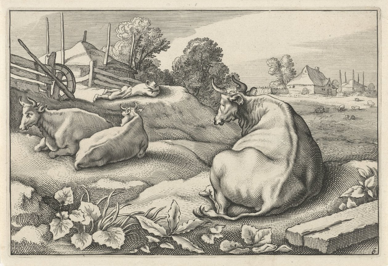 Pasto com três vacas deitadas Diversa Animalia Quadrupedia (título da série) de Reinier van Persijn