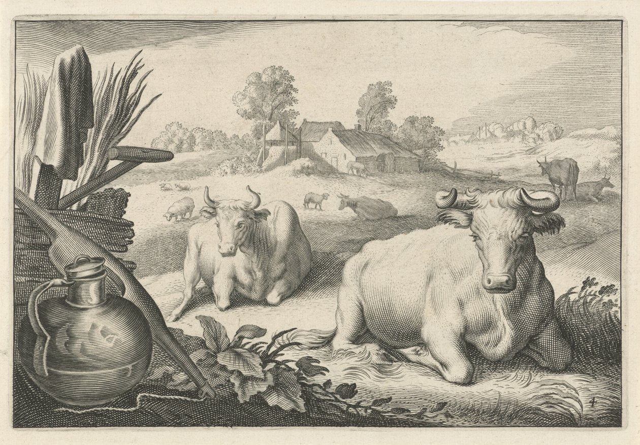 Pasto com duas vacas deitadas Diversa Animalia Quadrupedia (título da série) de Reinier van Persijn