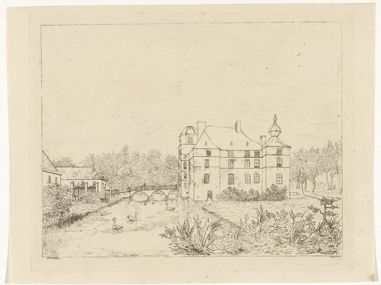 Vista lateral do castelo de Cannenburch com casas na ponte de entrada de Reinierus Albertus Ludovicus baron van Isendoorn à Blois