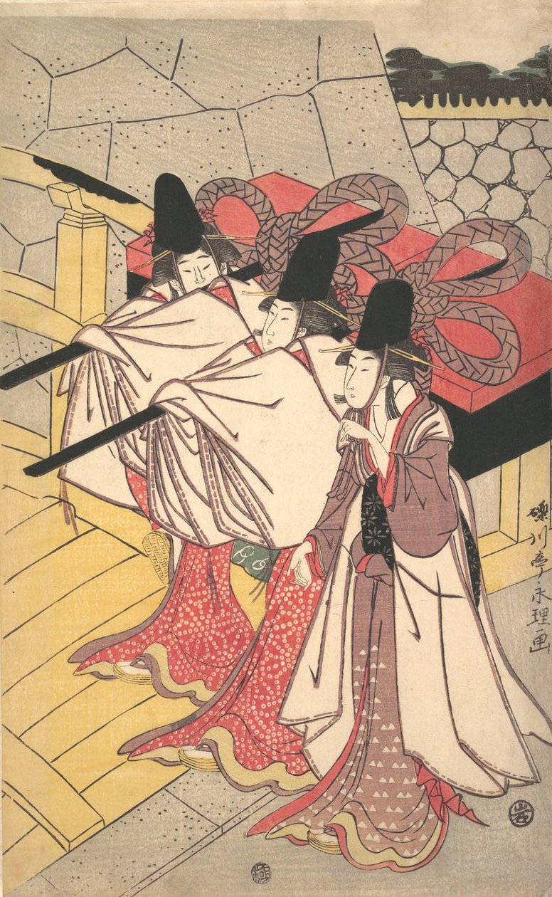 Príncipe Genji retornando ao seu palácio onde sua esposa o espera, ca. 1797., c. 1797. de Chōkyōsai Eiri