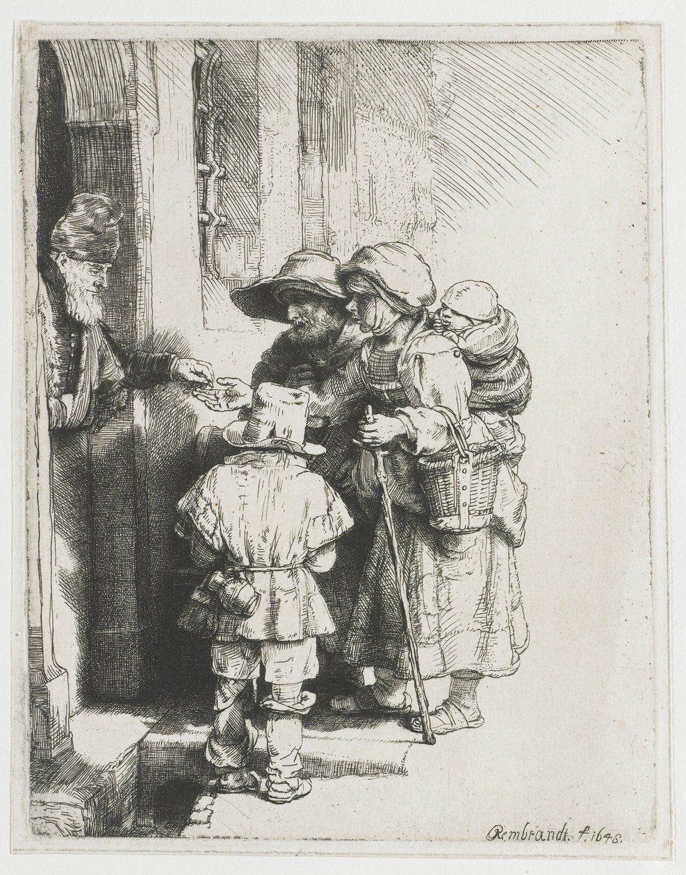 Um jogador cego do Hurdy-gury e uma família que recebem esmolas de Rembrandt van Rijn