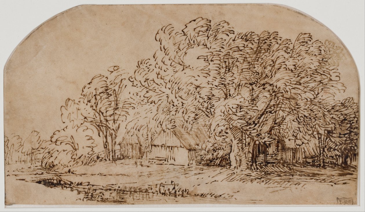 Paisagem, com, cabanas, sob, alto, árvores de Rembrandt van Rijn