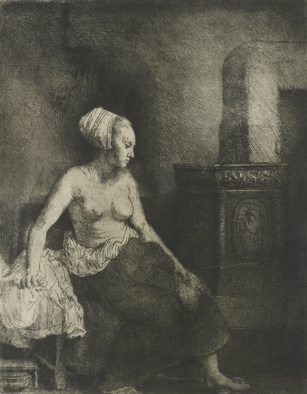 Meia mulher nua em um fogão, 1658 de Rembrandt van Rijn