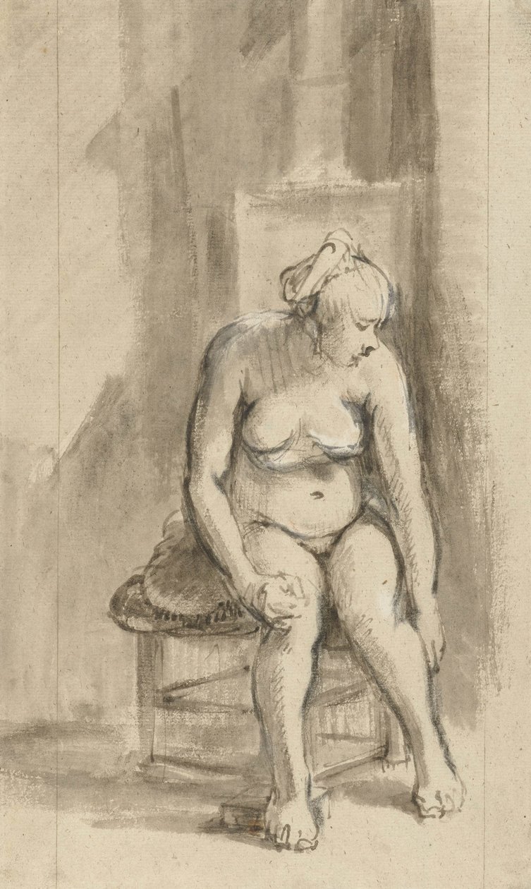 Mulher nua sentada por um fogão, c.1660-62 de Rembrandt van Rijn