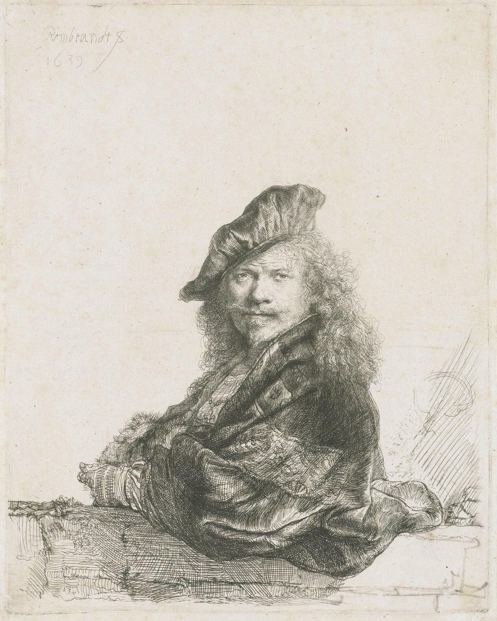 Auto-retrato inclinado antebraço em uma parede, 1639 de Rembrandt van Rijn
