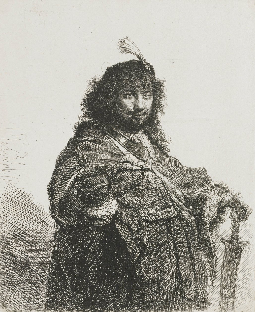 Auto-retrato  Com boina emplumada, apoiando a mão em uma espada, 1634 de Rembrandt van Rijn
