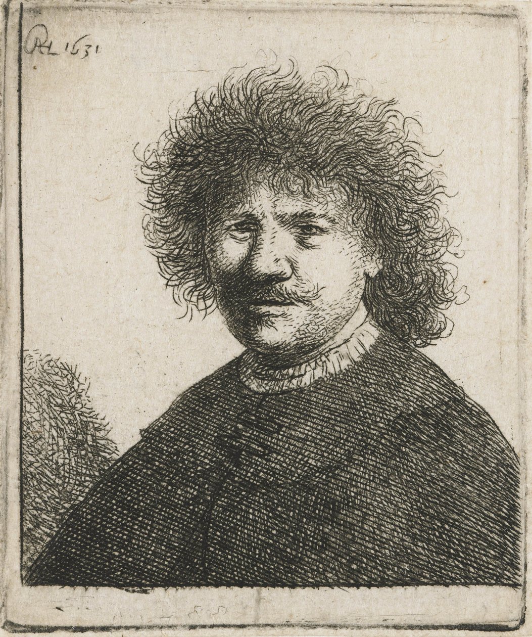 Auto-retrato em capa com gola achatada, 1630-31 de Rembrandt van Rijn