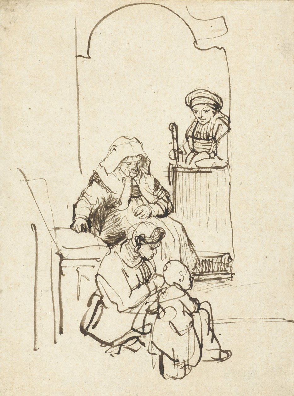 Três mulheres e uma criança por uma porta, c.1645 de Rembrandt van Rijn