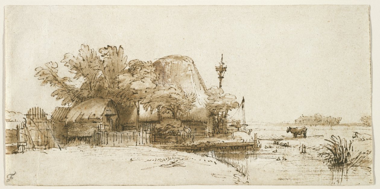 A Farm on the Amsteldijk, c.1650-52 (caneta e tinta e lavar no papel) de Rembrandt van Rijn