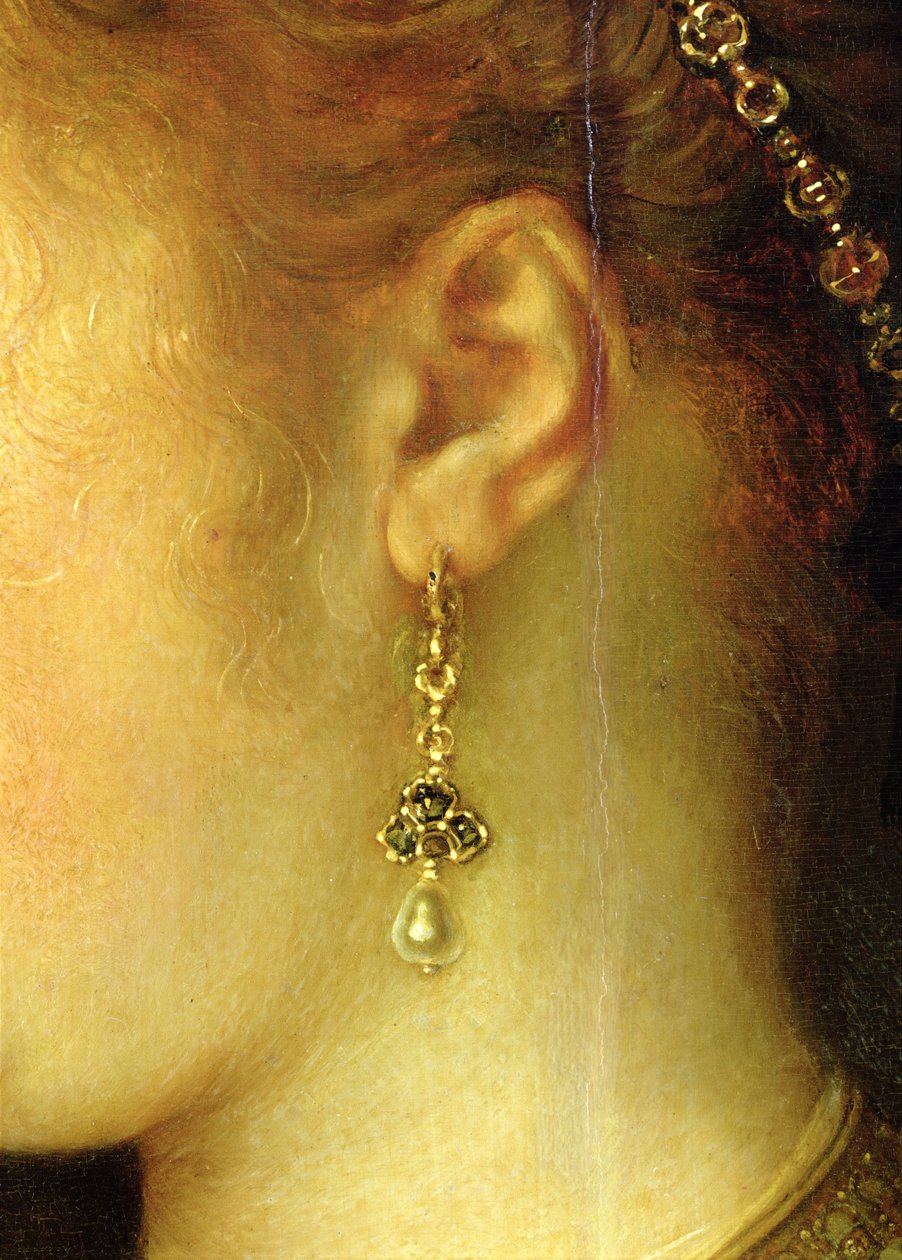 Retrato de Saskia van Uylenburgh (1612-1642) em fantasia rica (detalhe) (ver 244316) de Rembrandt van Rijn