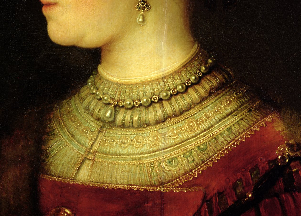 Retrato de Saskia van Uylenburgh (1612-1642) em fantasia rica (detalhe) (ver 244316) de Rembrandt van Rijn