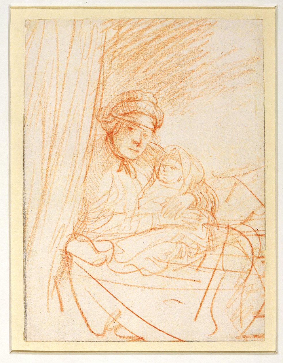 Saskia com seu primeiro filho Rumbartus, 1635-36 (giz vermelho) de Rembrandt van Rijn