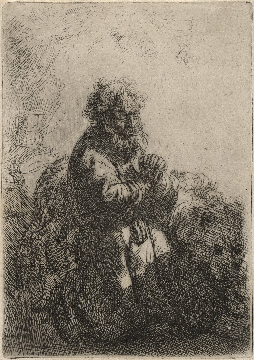 São Jerônimo ajoelhado em oração, olhando para baixo, 1635 (gravura no papel) de Rembrandt van Rijn