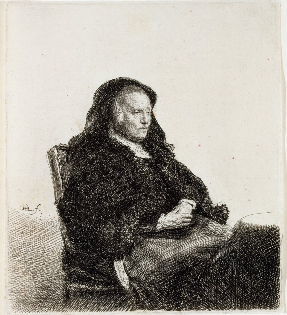 A mãe de artistas sentada em uma mesa, c.1631 (gravura & gravura) de Rembrandt van Rijn