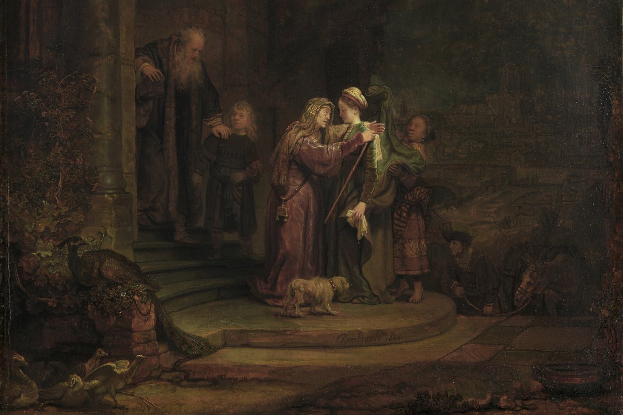 A Visitação, 1640 (óleo sobre painel de cedro) (detalhe de 909142) de Rembrandt van Rijn