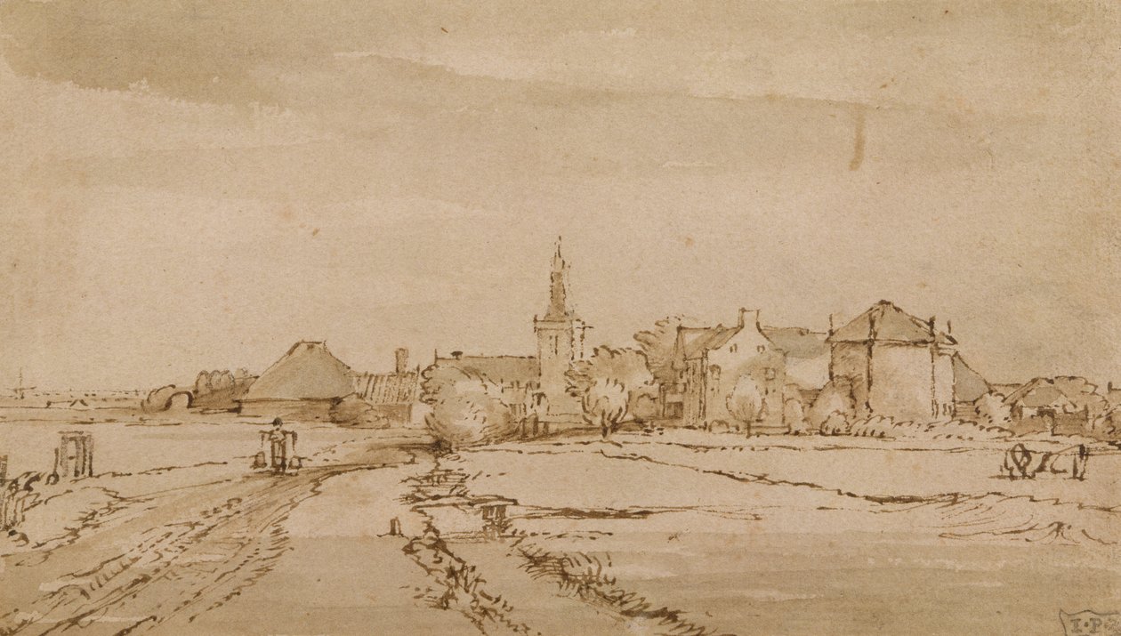 Vista de Diemen, c.1650-52 (caneta, tinta marrom, lavar no papel) de Rembrandt van Rijn