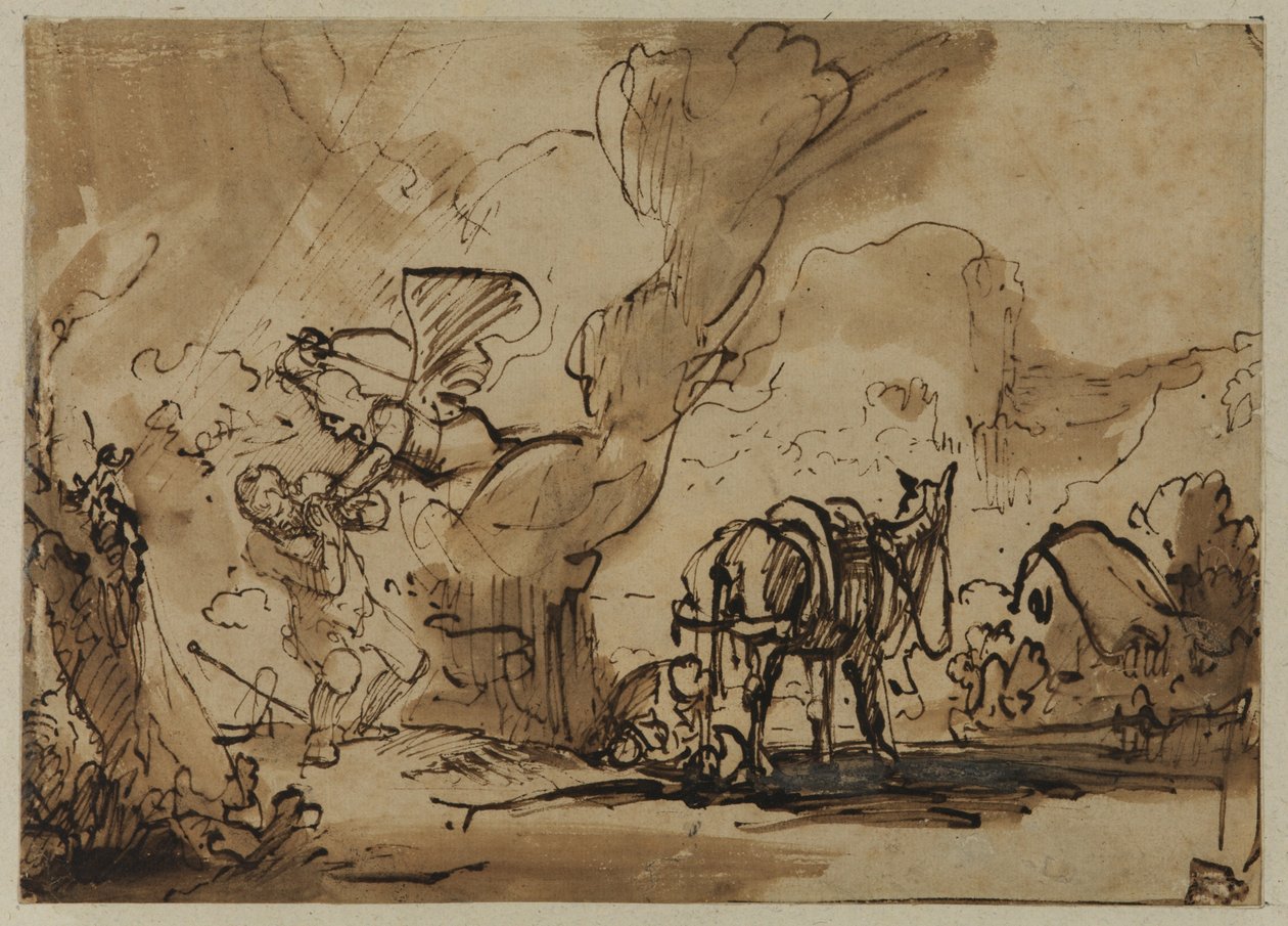O Anjo do Senhor ataca Moisés e Zípora circuncida seu Filho para acalmar a Ira de Deus (caneta e tinta e wc no papel) de Rembrandt van Rijn