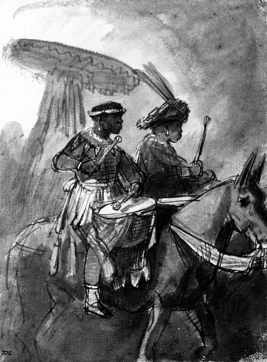Um baterista e comandante montado em mulas, c.1638 (caneta, tinta e papel) de Rembrandt van Rijn