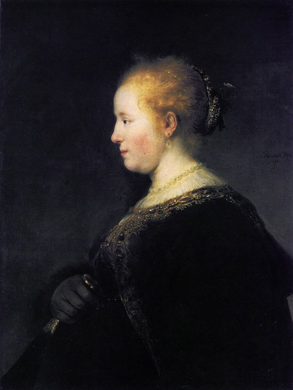 Um, mulher jovem, em, perfil, com, um, ventilador de Rembrandt van Rijn