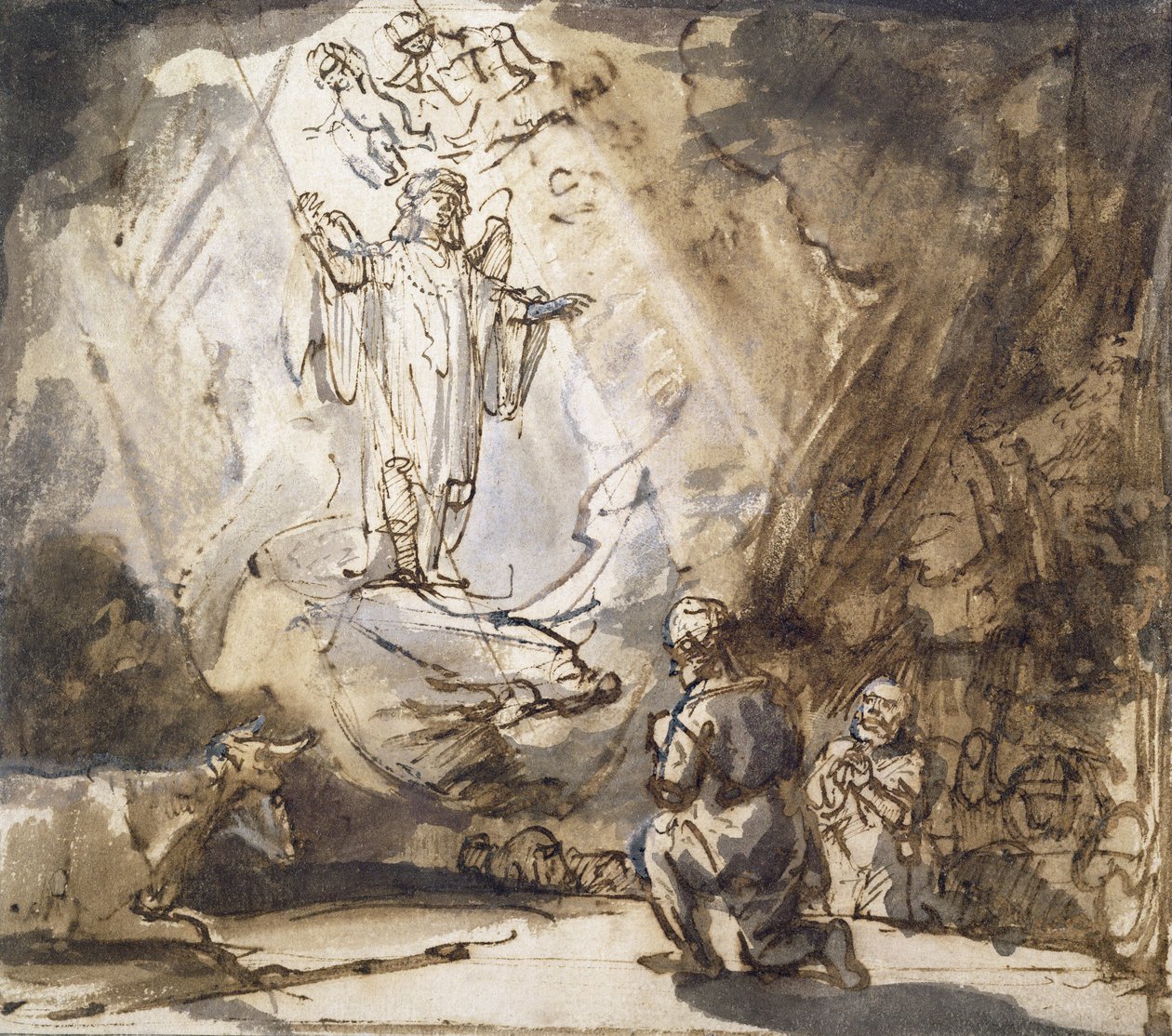 Anunciação aos Pastores (caneta e tinta no papel) de Rembrandt van Rijn