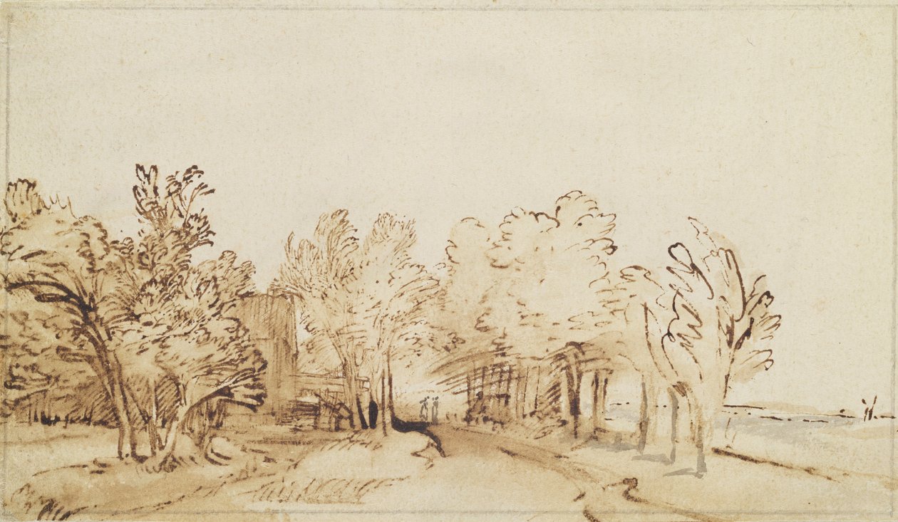 Avenida com uma trilha e uma fazenda à esquerda (caneta e tinta marrom e pincel sobre papel) de Rembrandt van Rijn