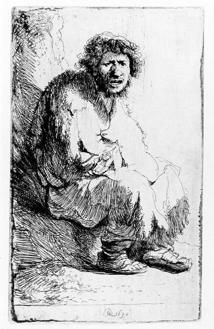Mendigo sentado em um banco, 1630 de Rembrandt van Rijn