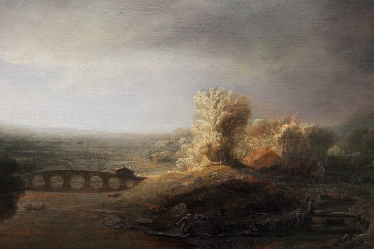Paisagem de Berlim com uma longa ponte arqueada de Rembrandt van Rijn