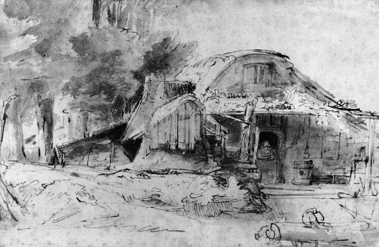Cottage nos arredores de uma madeira (caneta, tinta e marrom lavar no papel) de Rembrandt van Rijn