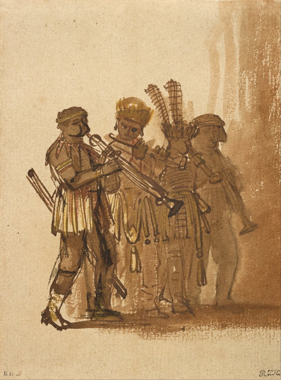 Quatro músicos com instrumentos de sopro de Rembrandt van Rijn