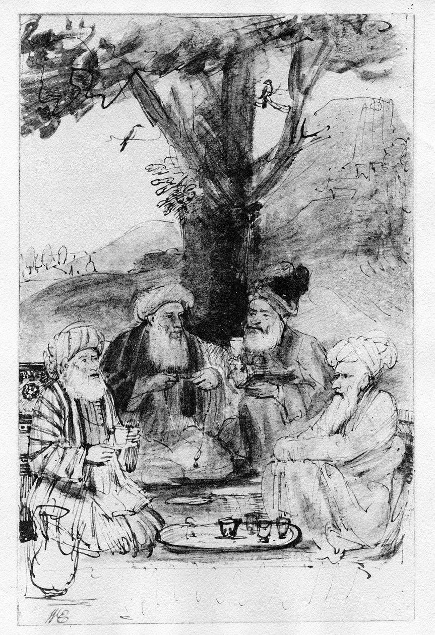 Quatro orientais sentados debaixo de uma árvore, c.1659 (caneta, tinta e papel) de Rembrandt van Rijn