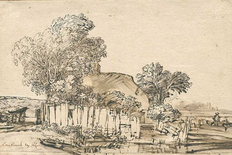 Casa de campo com cerca de madeira entre árvores de Rembrandt van Rijn