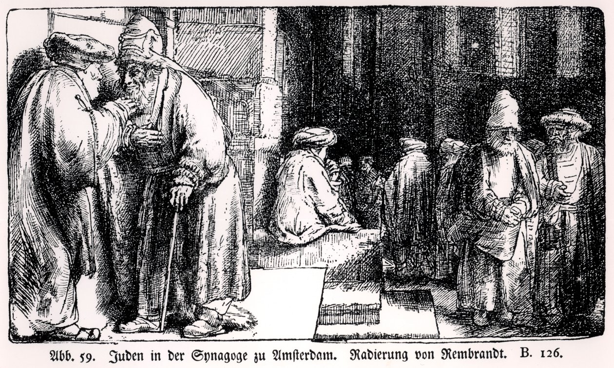 Judeus na sinagoga de Amsterdã, gravada pelo artista de Rembrandt van Rijn