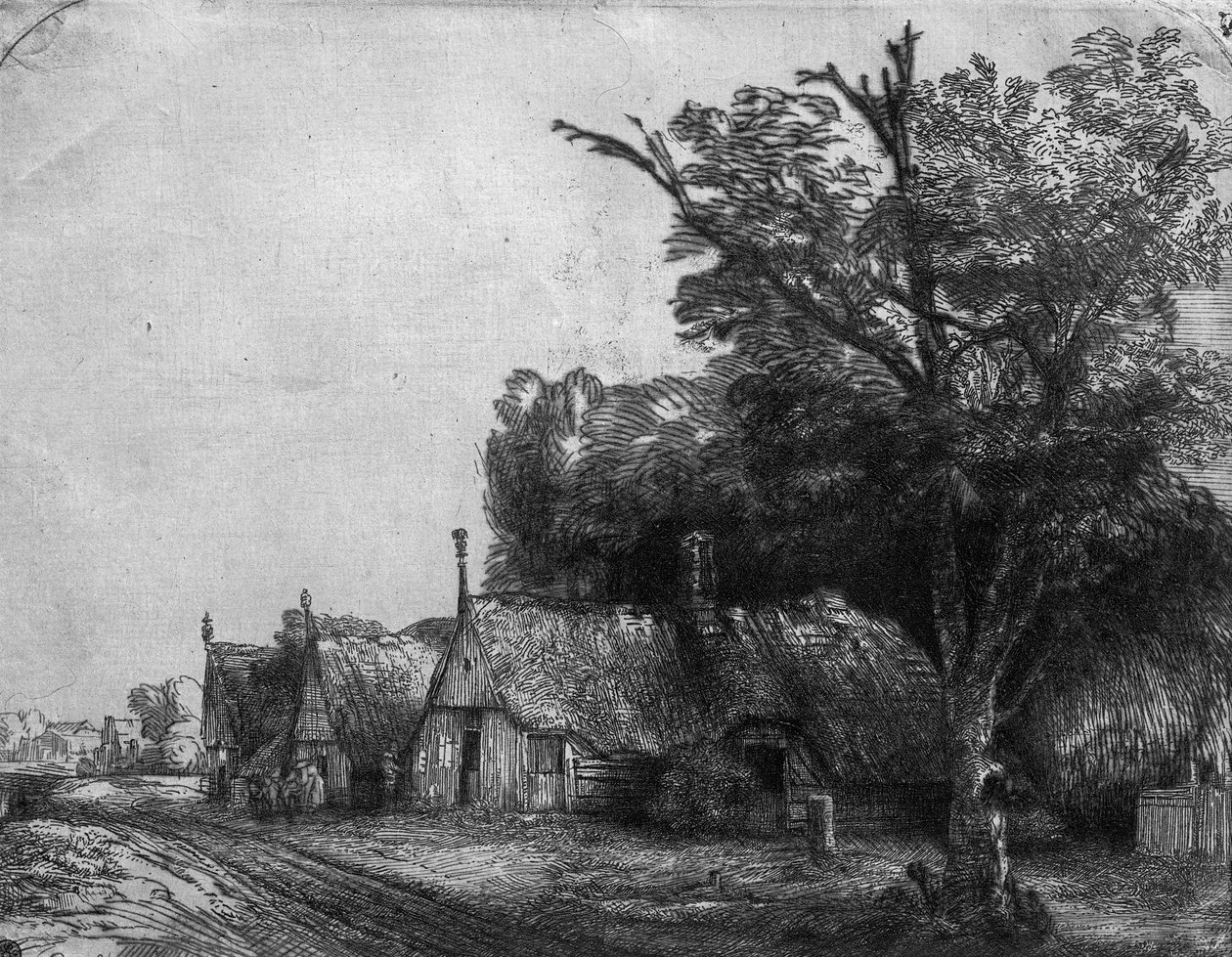 Paisagem com três casas de campo, 1650 de Rembrandt van Rijn