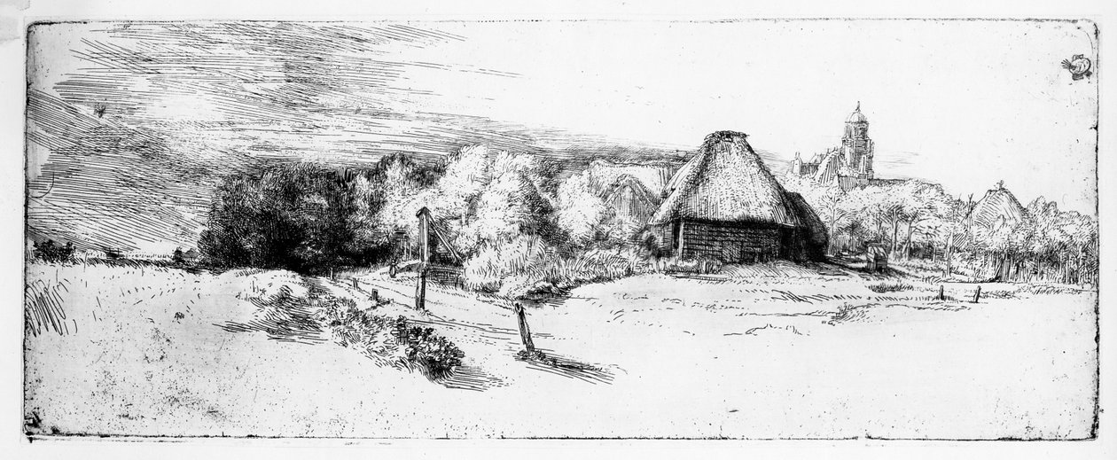 Paisagem com uma torre, c.1651 de Rembrandt van Rijn