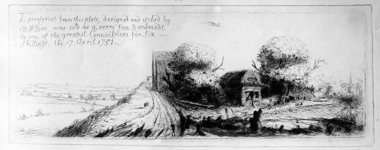 Paisagem com pista e casas rurais, gravada por Benjamin Wilson, 1751 de Rembrandt van Rijn