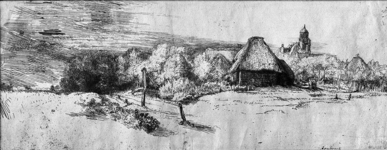 Grande paisagem com uma torre, c.1650 de Rembrandt van Rijn